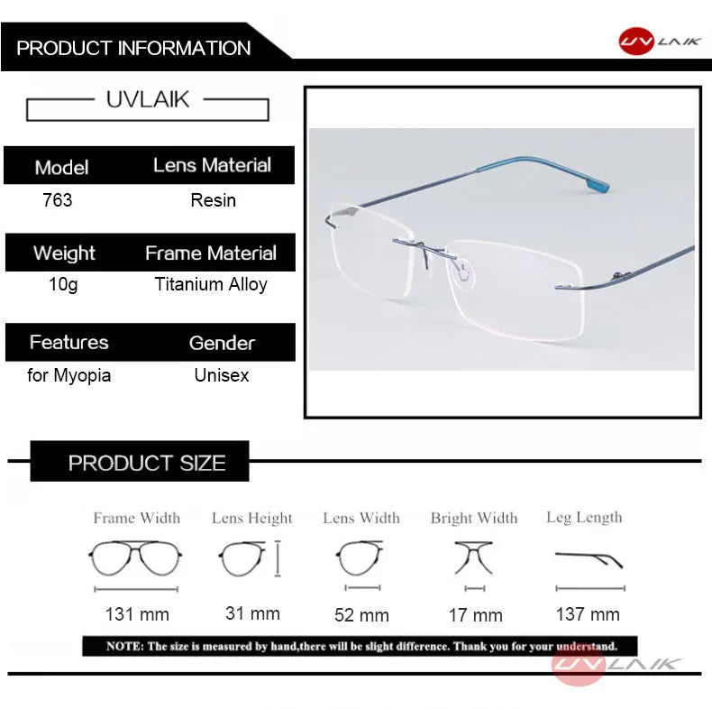 UVLAIK Classic Mens Pure Titanium Rimless Glasses Frames Myopia Optical Frame Ultra-light Titanium Frameless Eyeglasses Frame