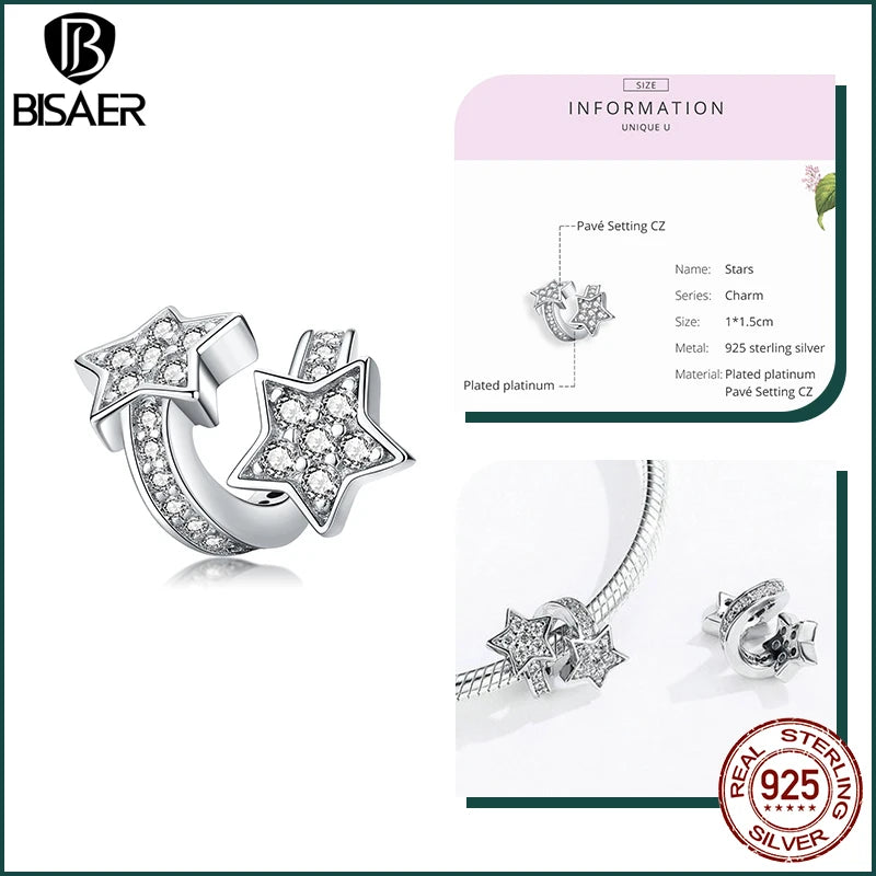 BISAER 925 Sterling Silver Charm Ocean Style Fish Dolphin Mermaid Shell Blue CZ Bead For Necklace&Bracelet DIY Fine Jewelry Gift