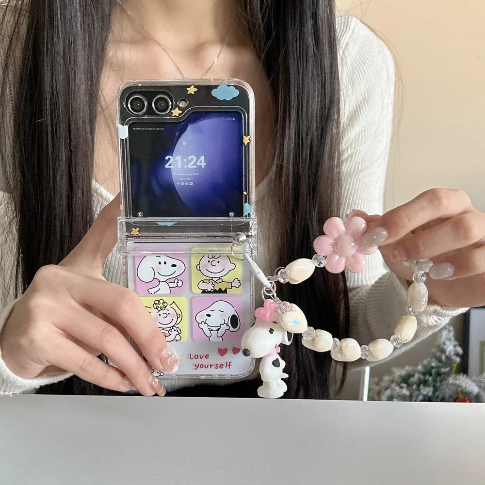 Cute Cartoon Snoopy Charlie Brown Stand Holder Phone Case For Samsung Galaxy Z Flip 7 6 5 4 3 Case Hard TPU Cover With Lanyard