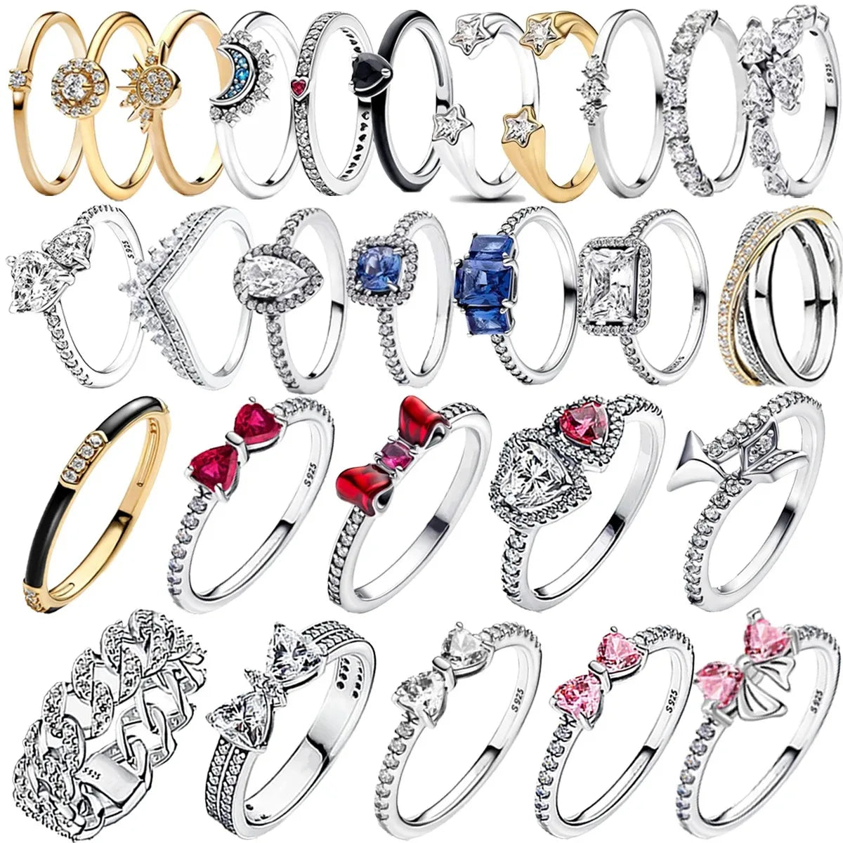 Original 925 Sterling Silver Red Pink Ring Heart Bow Sun Moon Colorful Crystal For Women Valentine's Birthday Gift DIY Jewelry