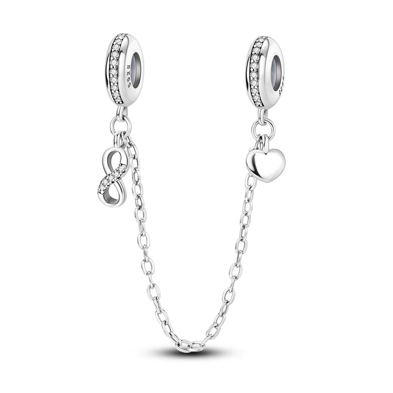 Silver Charm 925 Sterling Silver Clip Charms Safety Chain Charm CZ pave Round Clip Beads Fit Original Bracelet Jewelry Making