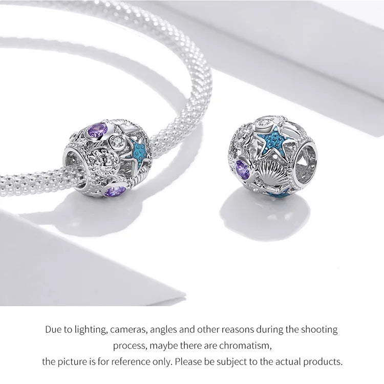 BISAER 925 Sterling Silver Charm Ocean Style Fish Dolphin Mermaid Shell Blue CZ Bead For Necklace&Bracelet DIY Fine Jewelry Gift