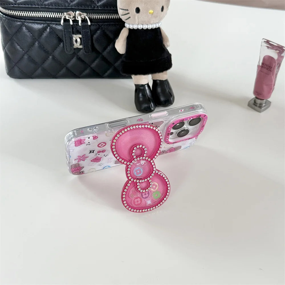 Korean INS New Hellokitty Flash drill Big bow Phone Case For iPhone 13 14 15 16 Pro Max Funda with stand cute shock-proof cover