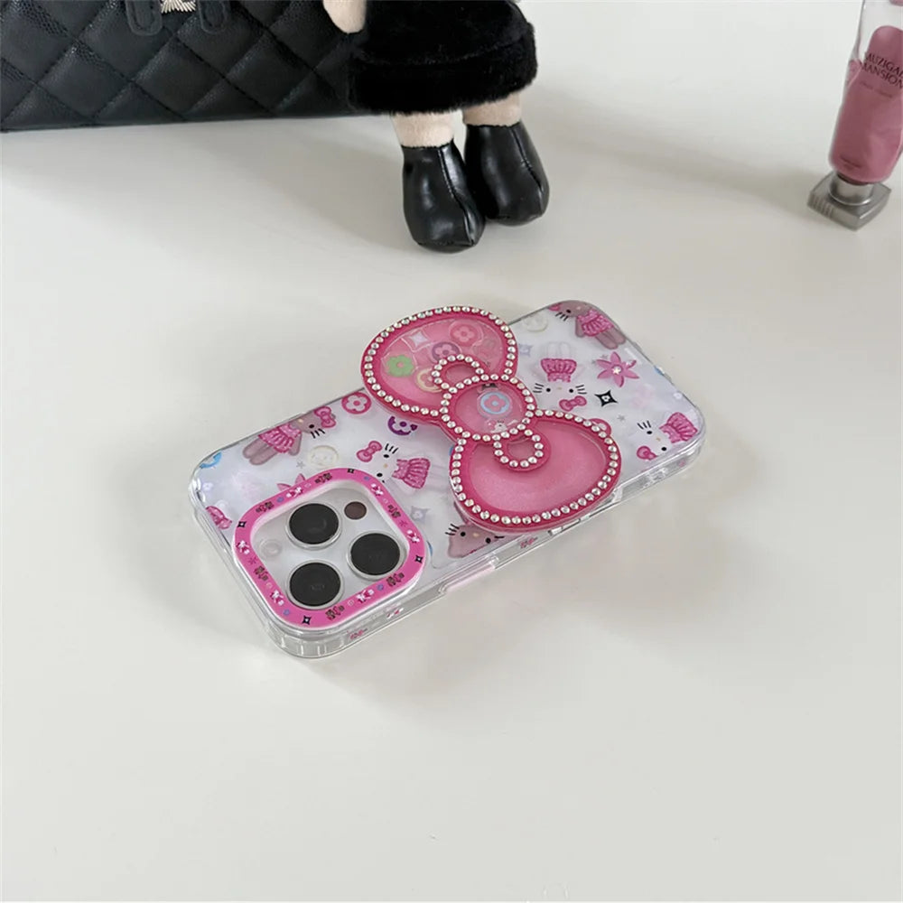 Korean INS New Hellokitty Flash drill Big bow Phone Case For iPhone 13 14 15 16 Pro Max Funda with stand cute shock-proof cover