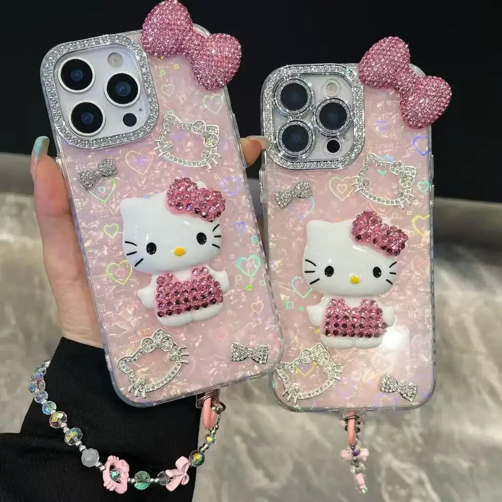 3D Stereoscopic Bling Glitter Phone Case For iPhone 17 16 15 14 13 12 11 Pro Max Cute Cartoon Sanrio Hello Kitty Hard Cover