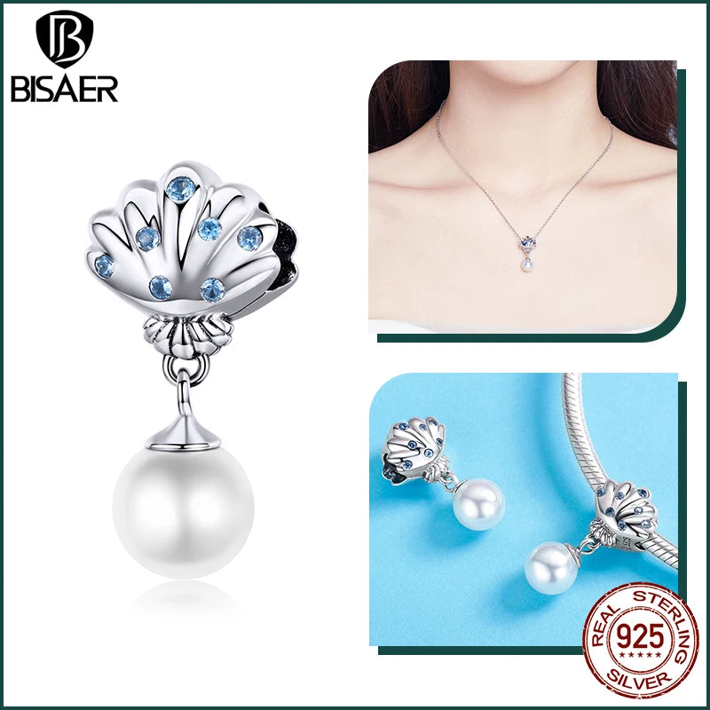 BISAER 925 Sterling Silver Charm Ocean Style Fish Dolphin Mermaid Shell Blue CZ Bead For Necklace&Bracelet DIY Fine Jewelry Gift