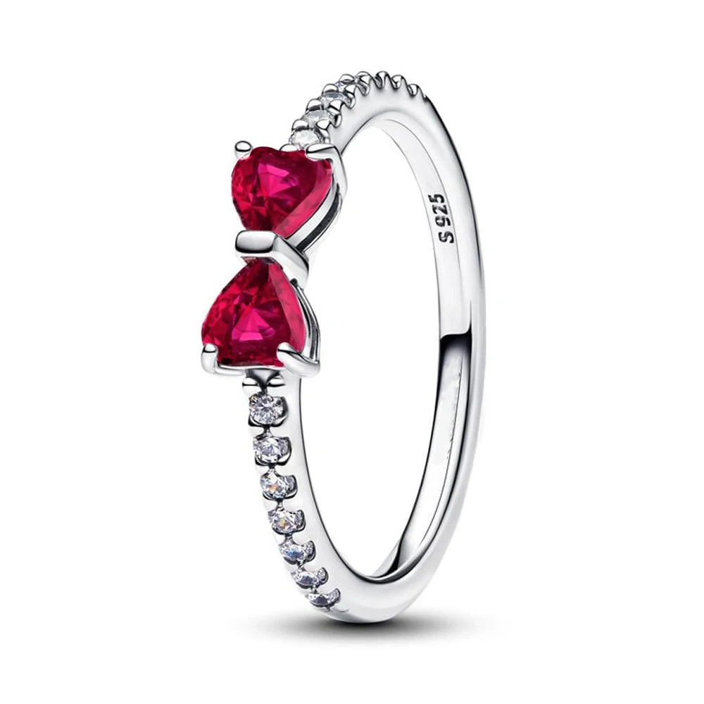 Original 925 Sterling Silver Red Pink Ring Heart Bow Sun Moon Colorful Crystal For Women Valentine's Birthday Gift DIY Jewelry