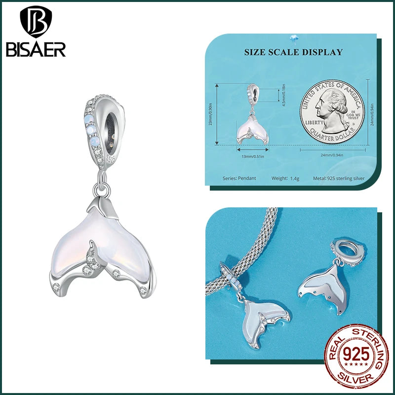 BISAER 925 Sterling Silver Charm Ocean Style Fish Dolphin Mermaid Shell Blue CZ Bead For Necklace&Bracelet DIY Fine Jewelry Gift