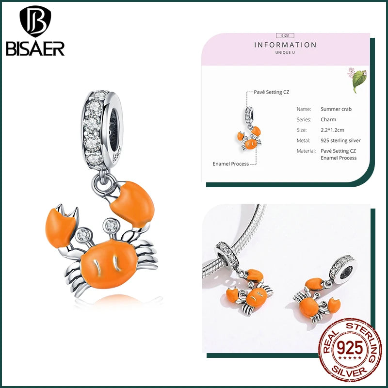 BISAER 925 Sterling Silver Charm Ocean Style Fish Dolphin Mermaid Shell Blue CZ Bead For Necklace&Bracelet DIY Fine Jewelry Gift