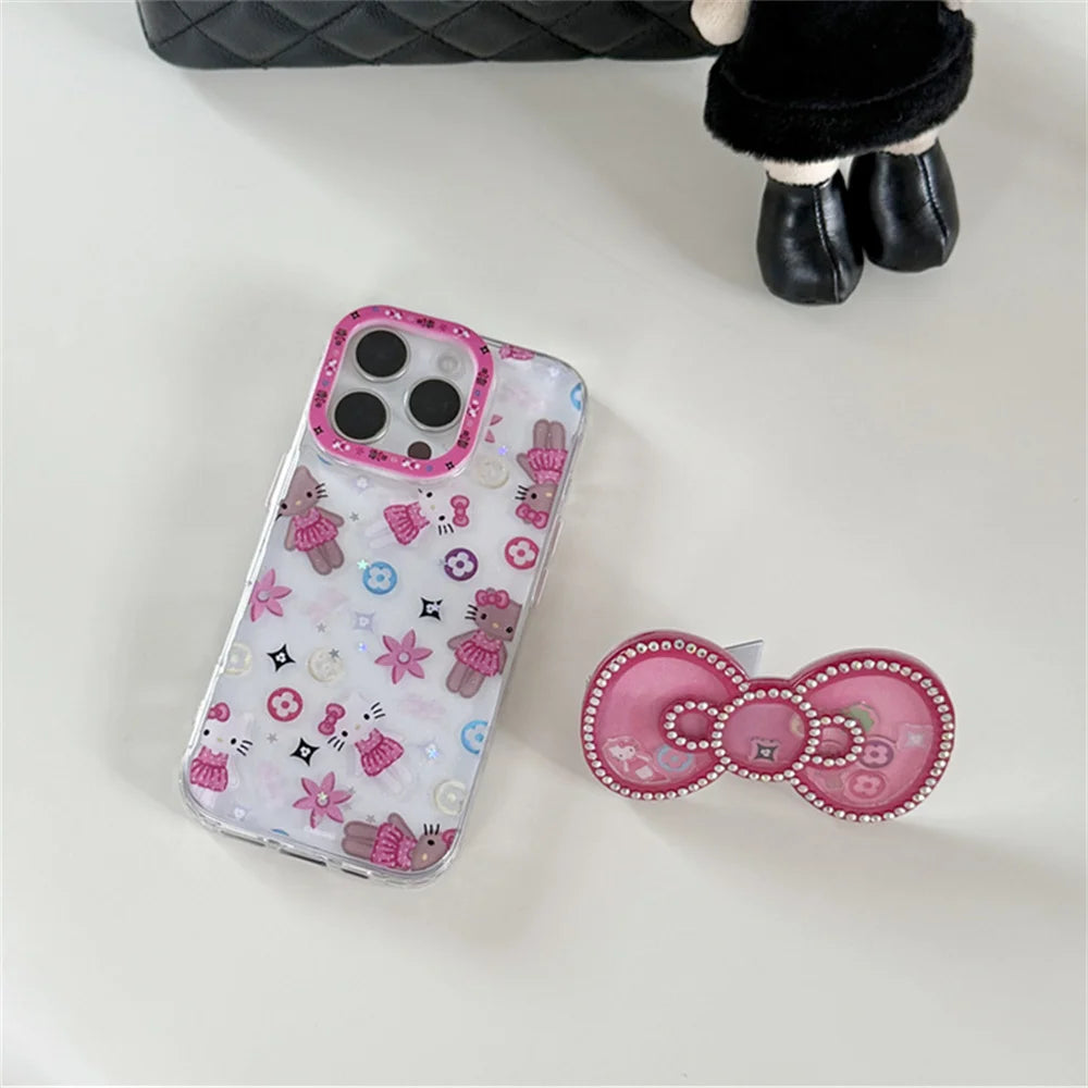 Korean INS New Hellokitty Flash drill Big bow Phone Case For iPhone 13 14 15 16 Pro Max Funda with stand cute shock-proof cover
