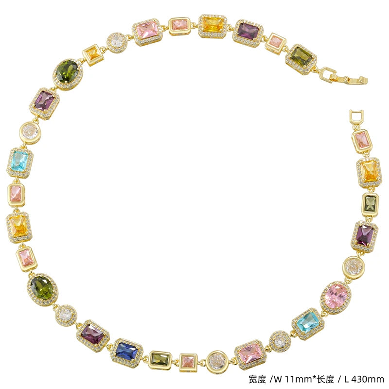 ZHUKOU 18K Golden Plated Spliced Colorful CZ Gemstone Bracelet Necklace With Hip Hop Style Unisex Couple Jewelry：VL561 VL562