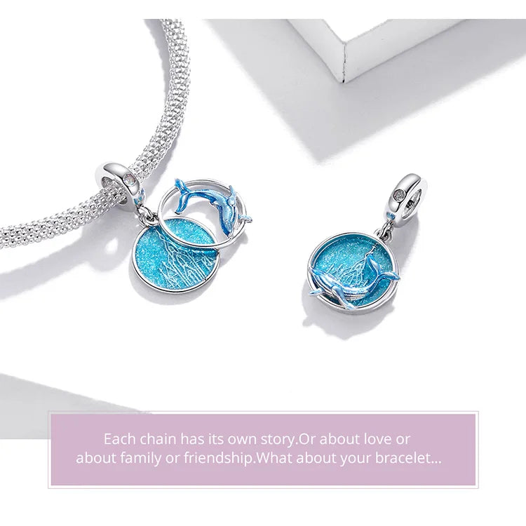 BISAER 925 Sterling Silver Charm Ocean Style Fish Dolphin Mermaid Shell Blue CZ Bead For Necklace&Bracelet DIY Fine Jewelry Gift