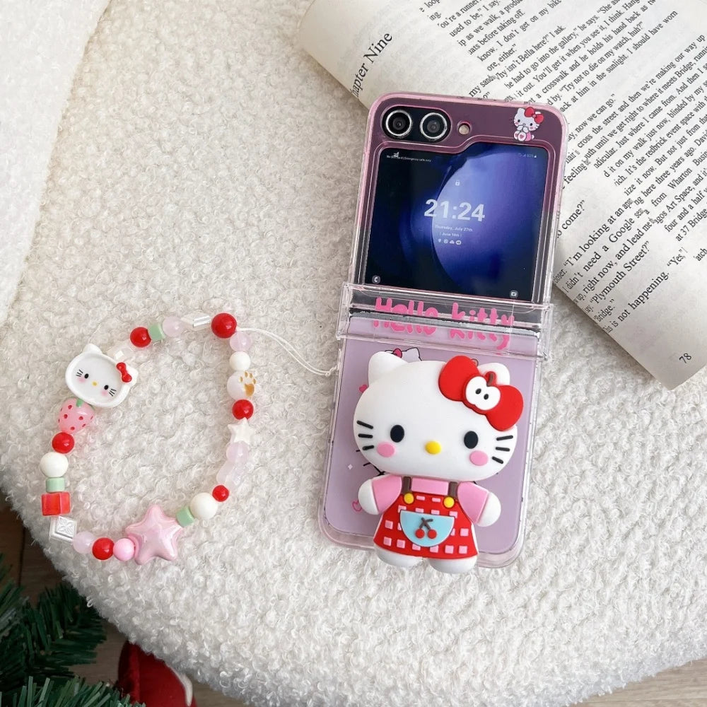 Cute Cartoon Sanrio Hello Kitty Stand Holder Phone Case For Samsung Galaxy Z Flip 7 FE  6 5 4 3 Case Hard TPU Cover With Lanyard