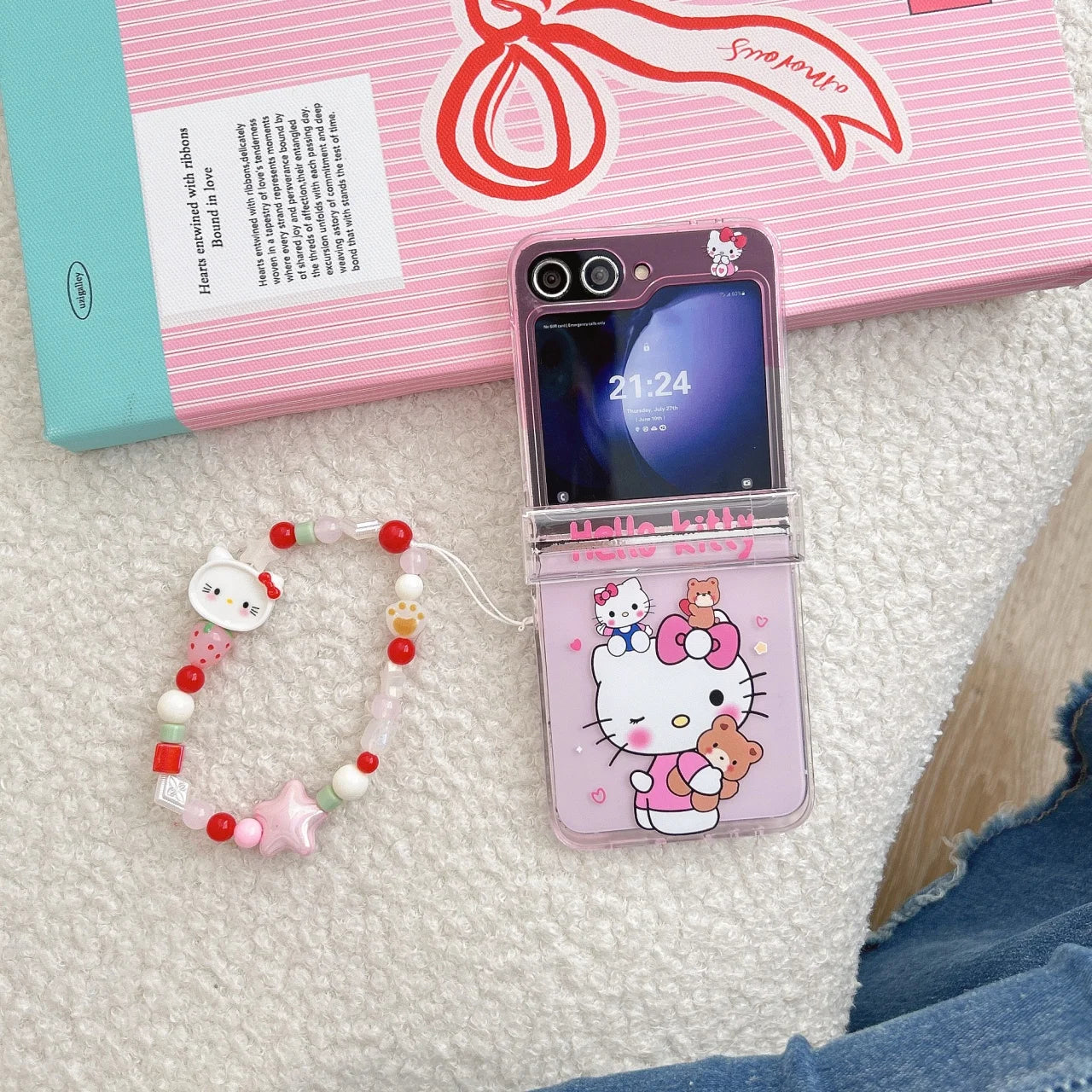 Cute Cartoon Sanrio Hello Kitty Stand Holder Phone Case For Samsung Galaxy Z Flip 7 FE  6 5 4 3 Case Hard TPU Cover With Lanyard
